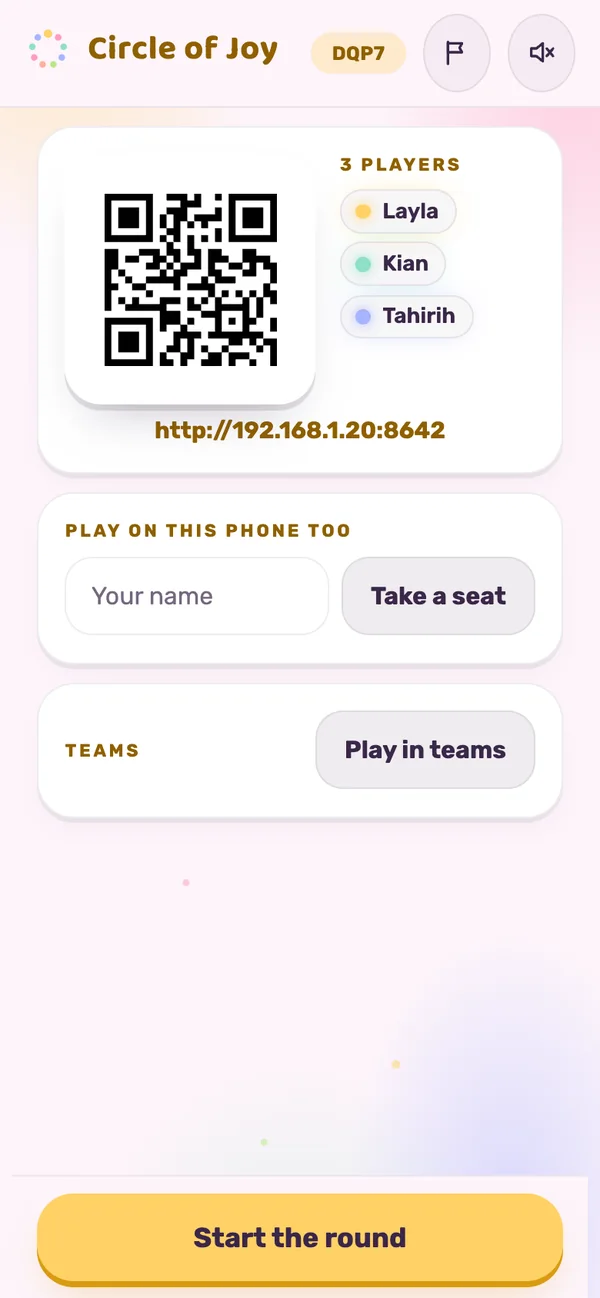 The host's phone: the room's QR code and the people who have joined