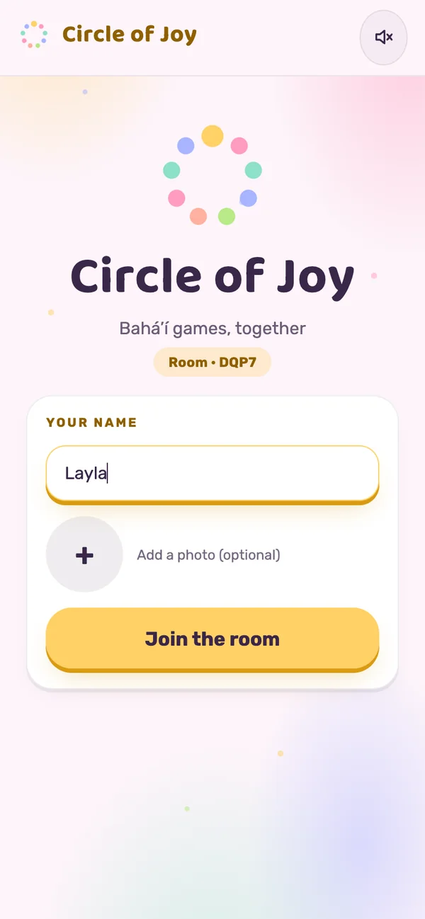 A guest's phone showing the join screen: a name typed in, an optional photo, and Join the room